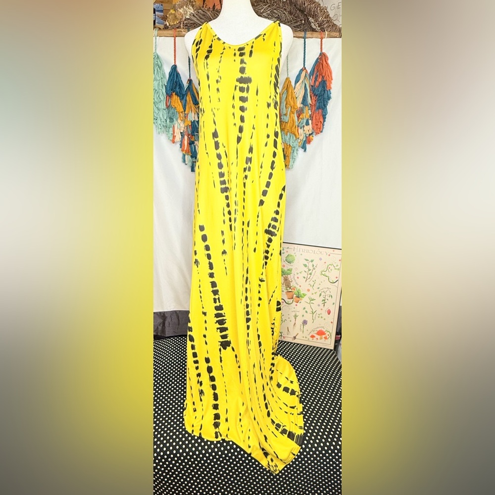 Yellow Abstract Print Maxi Dress Size Small Sleeveless Long Flowing Summer